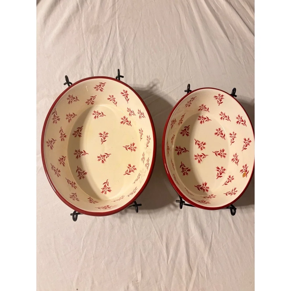 Temp-tations Floral Lace Oval Baker Set Red Cream Ceramic 2pc with Wire Racks EX